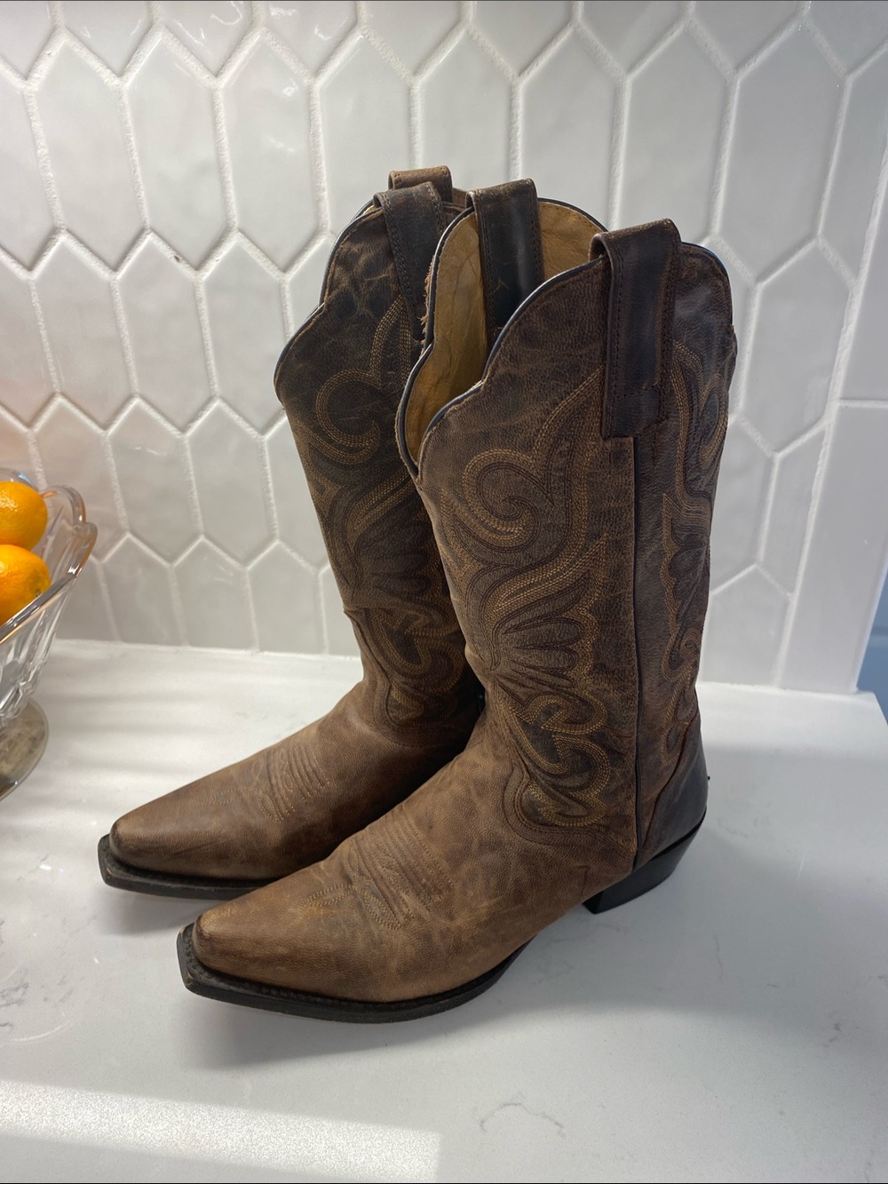 J.B. Dillon US 6.5 B Brown Genuine Goat Leather Western Cowboy Boots ✨